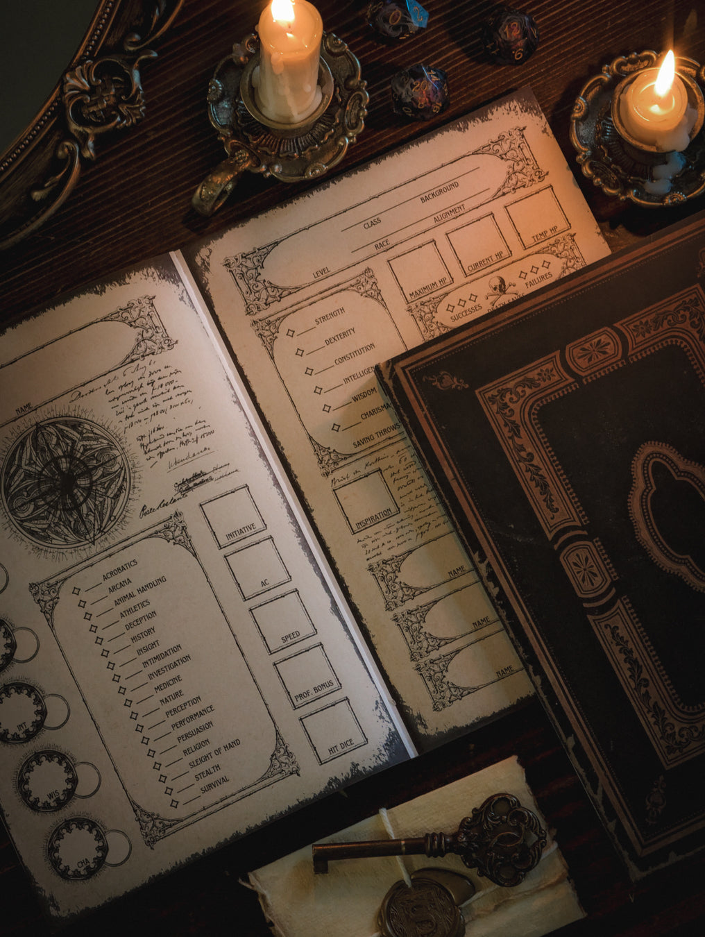 Open Gothic D&D character journal showing character pages beside the hardcover journal and tabletop dice
